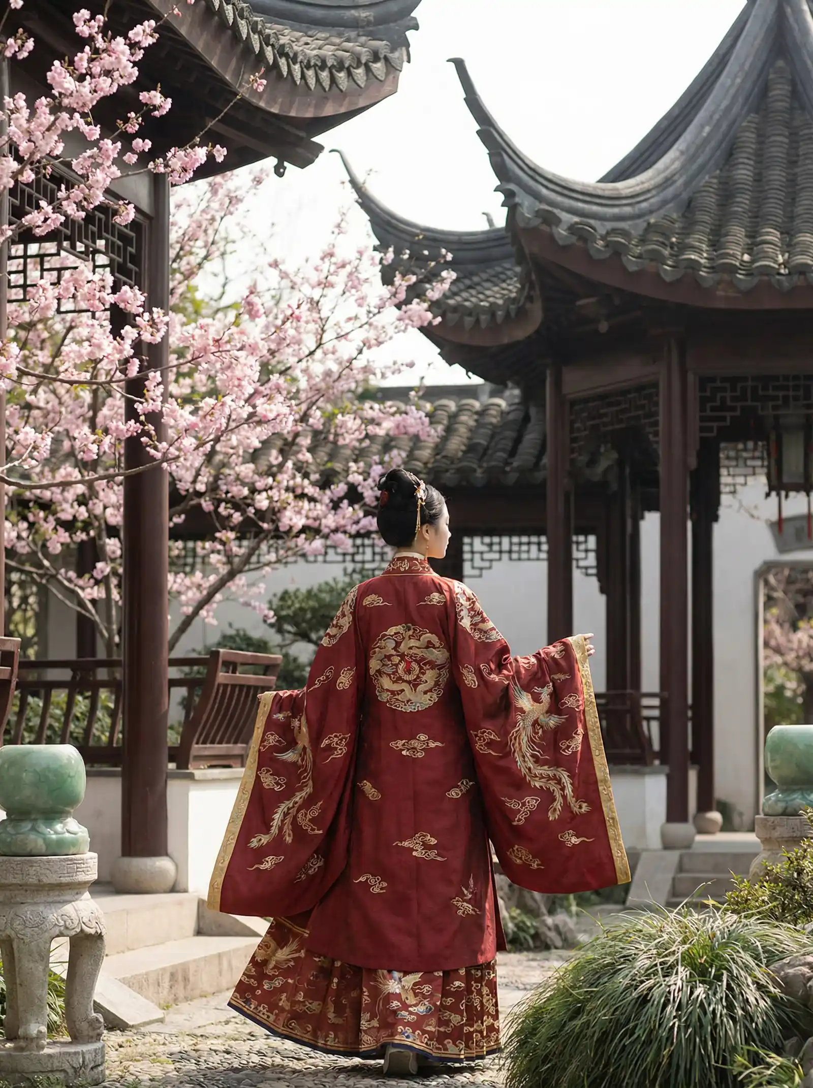 消失的女人 明制汉服红色凤凰刺绣